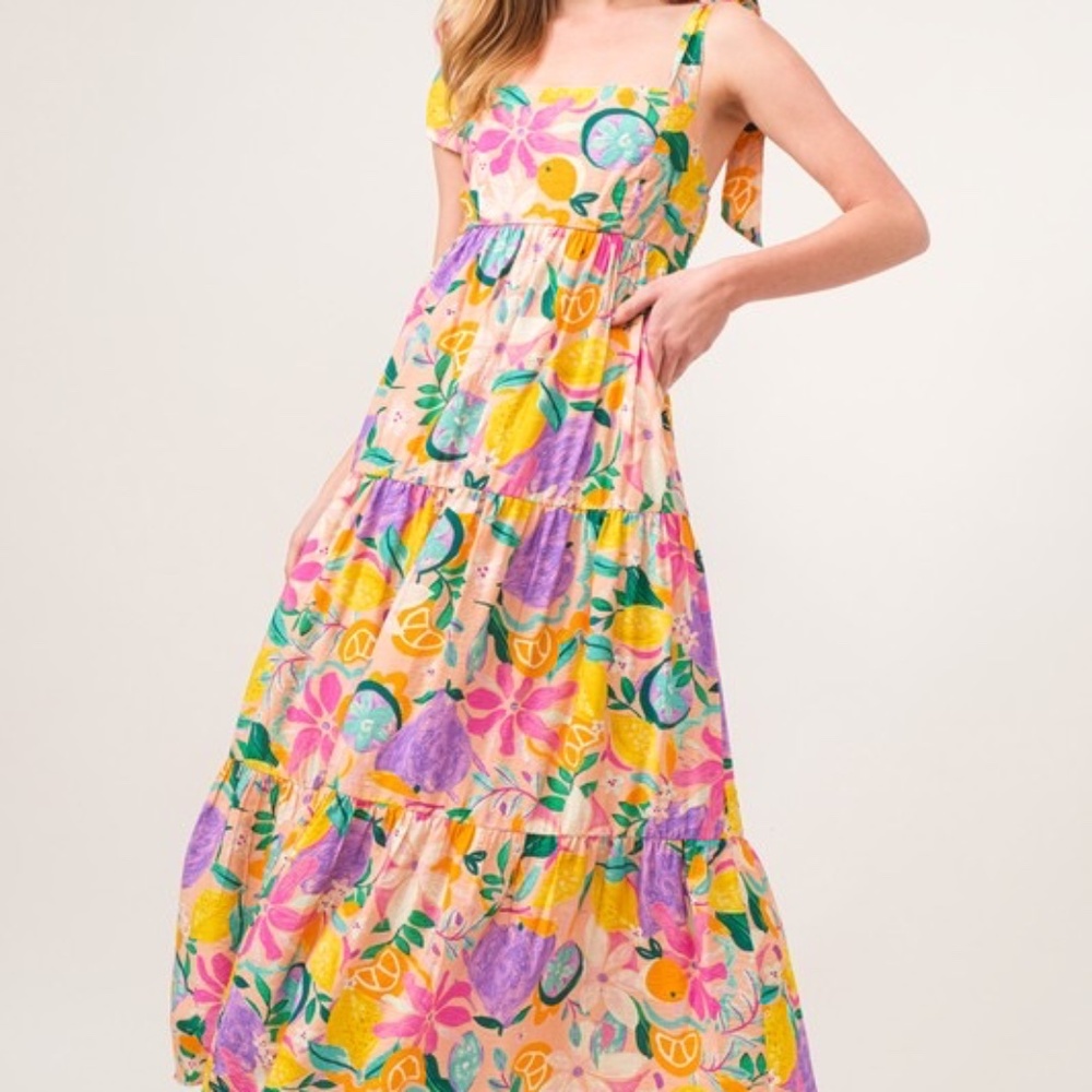 And The Why Shoulder Strap Tropical Fruit Printed Tiered Maxi Dress